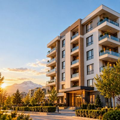 Akşam saatlerinde ışıkları yanan bir apartman