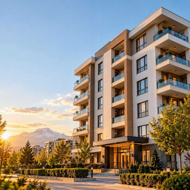 Kayseri'de bakımlı, modern bir apartman; arka planda Erciyes