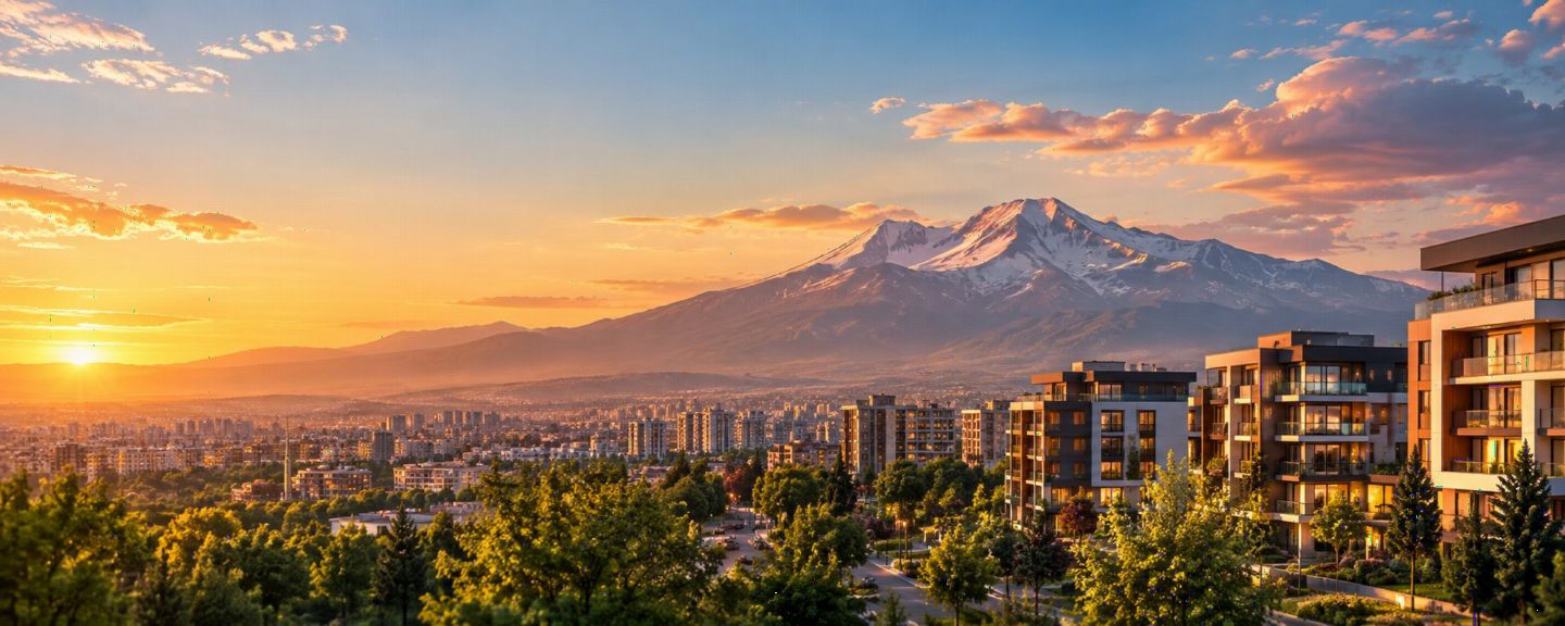 Gün batımında Erciyes Dağı, Kayseri şehri ve yeşillikler arasında modern siteler