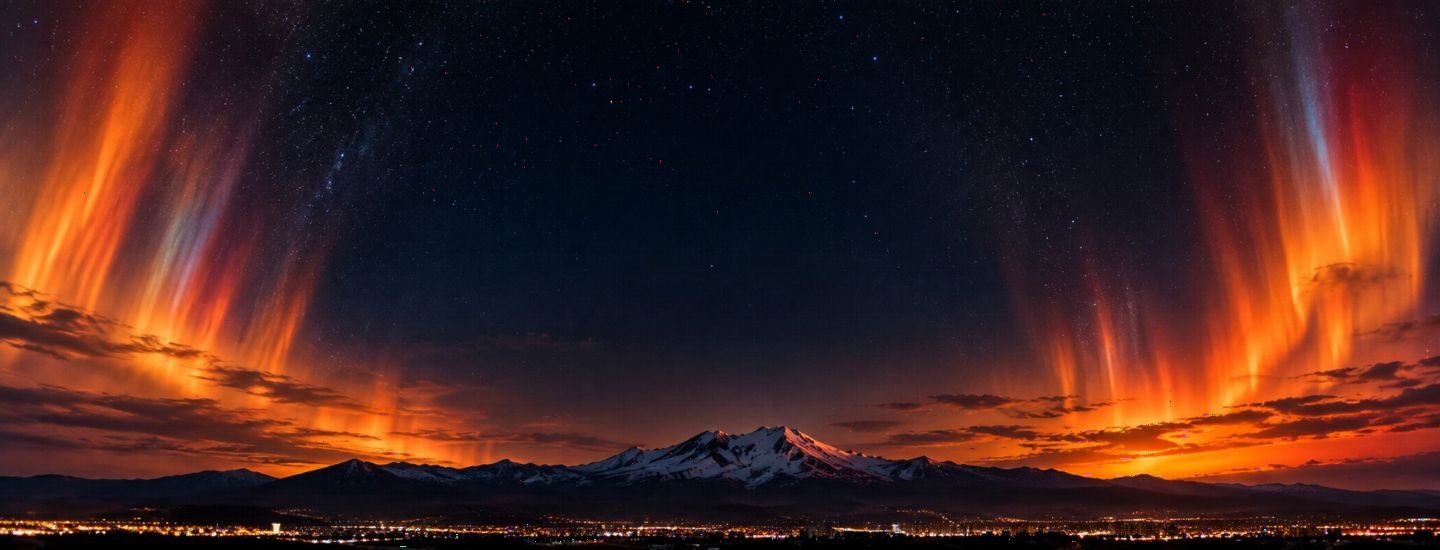 Gece yıldızlı gökyüzünde turuncu kuzey ışıkları altında karlı Erciyes ve Kayseri şehir ışıkları