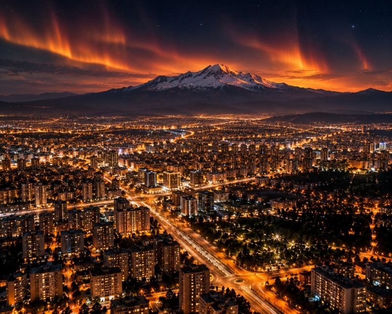 Kayseri'nin gece havadan görünümü; arka planda Erciyes Dağı, önde ışıklı mahalleler