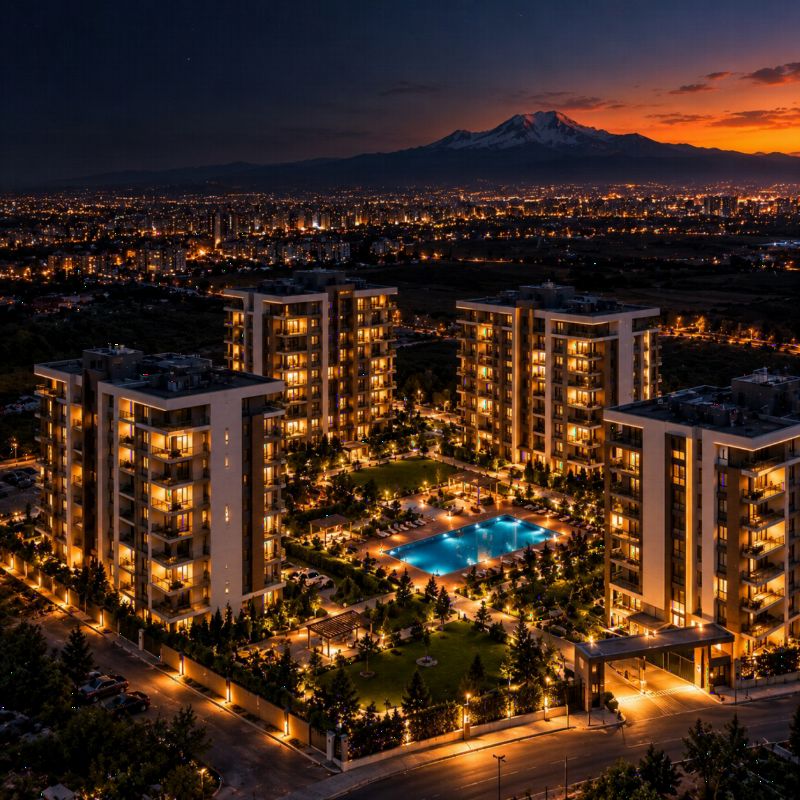 Gece ışıkları yanan, havuzlu ve peyzajlı modern bir site; arka planda Erciyes
