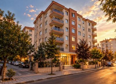 Gün batımında bakımlı, klasik cepheli apartman