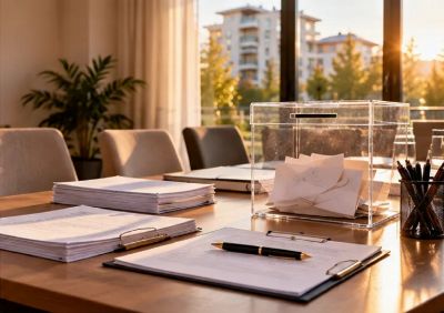 Toplantı masasında evraklar ve oy sandığı
